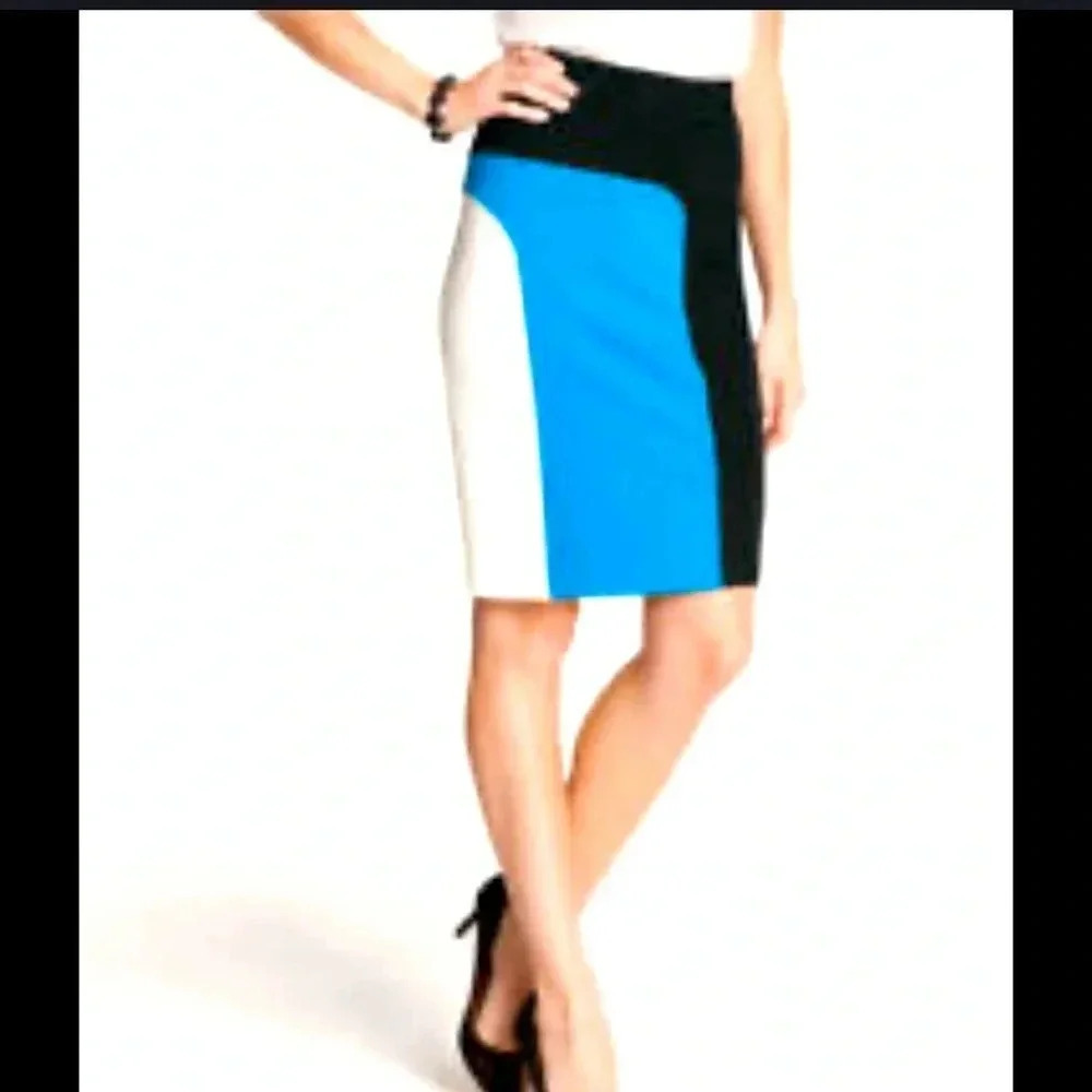 ANN TAYLOR‎ SKIRT  MINI MID BLUE BLACK WHITE COLORBLOCK STRETCH PLUS SIZE 14